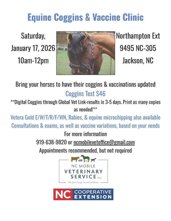 Equine Coggins & Vaccine Clinic flyer: Jan 17, 2026 10am-12pm Northampton Ext 9495 NC-305