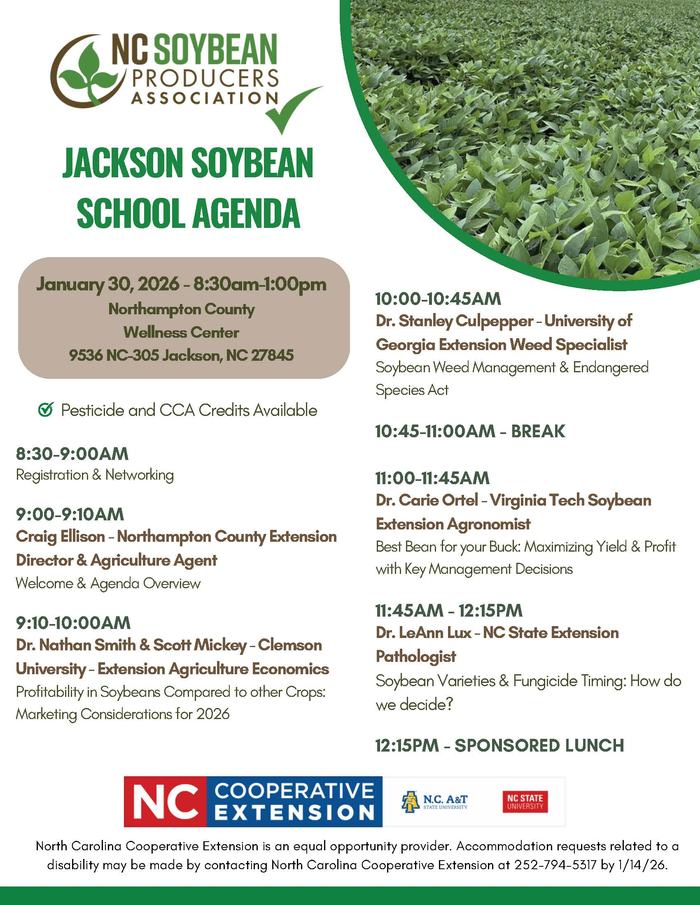 An agenda for the NC Soybean Producers Association meeting in Jackson, NC on Jan 30.
