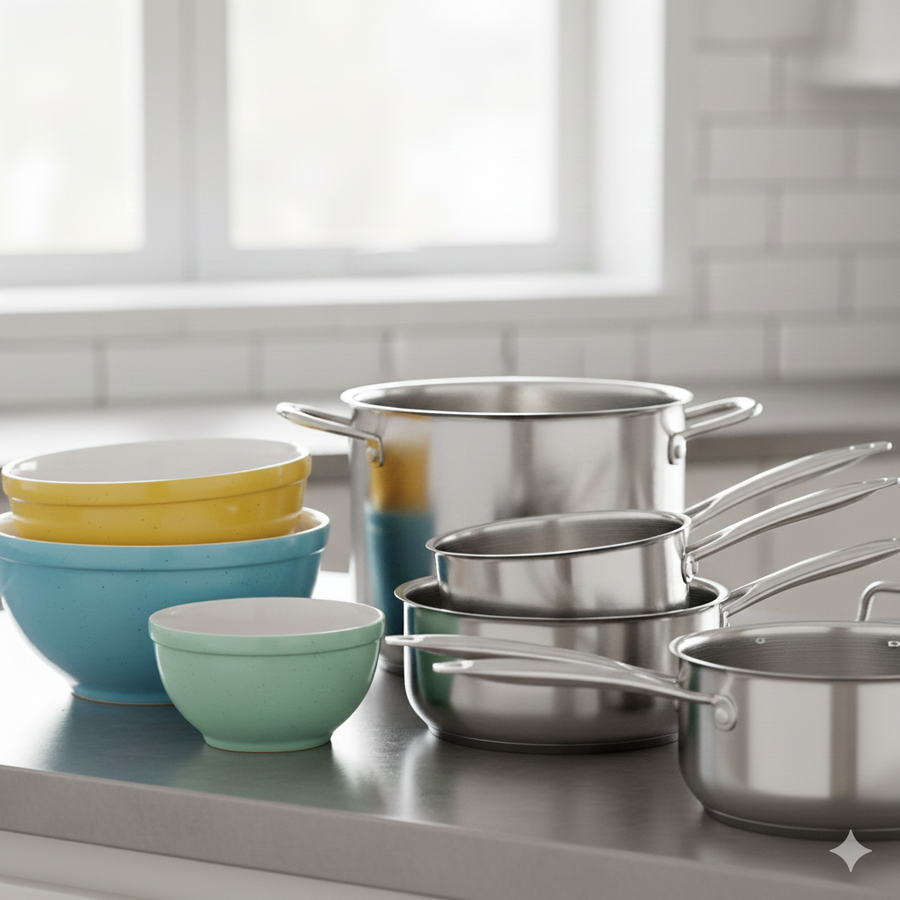 Set of colored mixing bowls and stainless steel pots and pans on a kitchen counter.