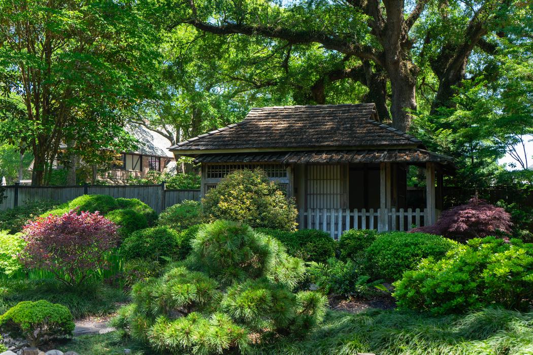 A shaded building in a Japanese garden. 