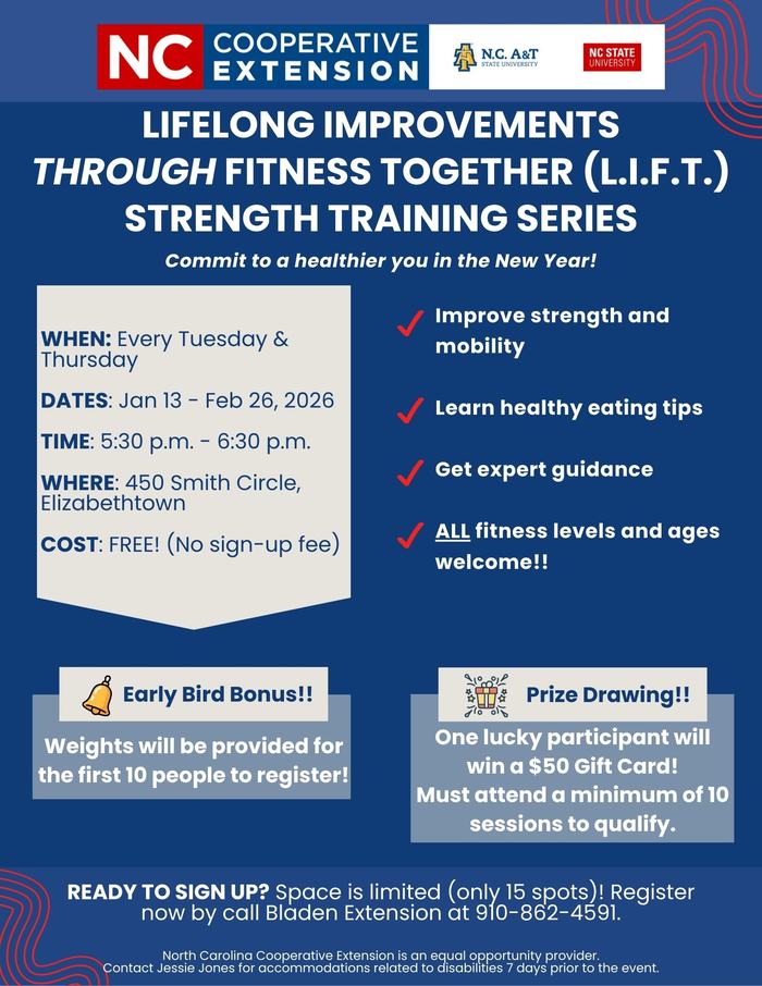 L.I.F.T. strength training series — Jan 13–Feb 26, 2026; Tue/Thu 5:30–6:30pm; 450 Smith Circle; FREE