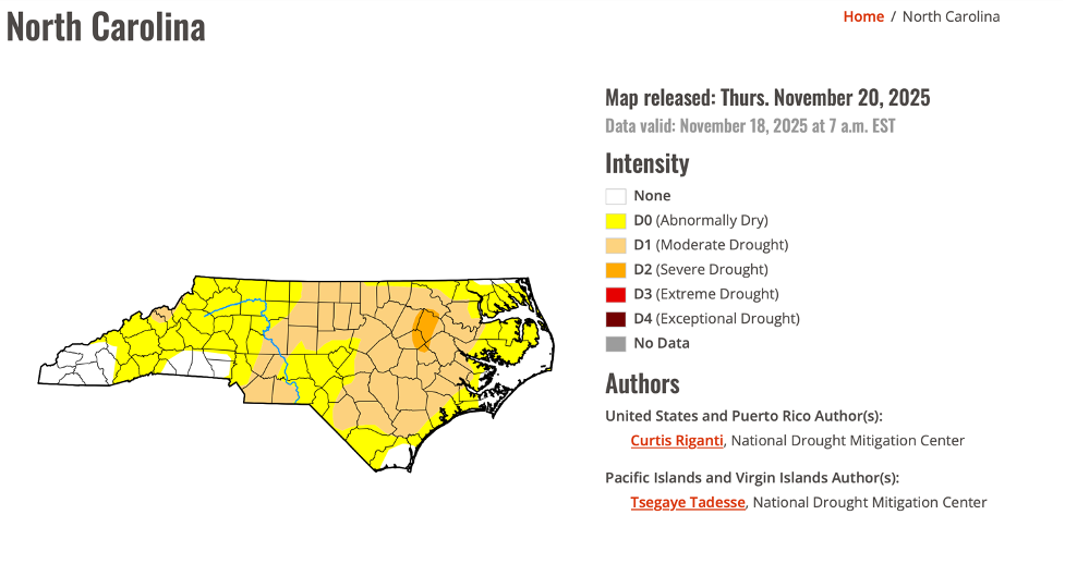 North Carolina drought map with intensity legend D0–D4; map released Nov 20, 2025