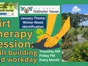 This is the Pollinator Haven Garden dirt therapy banner 2026 which pictures text and a picture of the Pollinator Haven Garden pergola and hands cupping soil