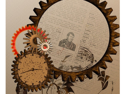 A steampunk montage includes watch parts, gears and a yellowed clipping with handwritten musical notes. An image from Pixabay by Creativemom.