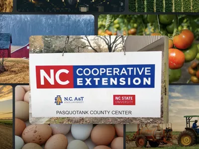 Video image with Extension logo and photos of Agriculture