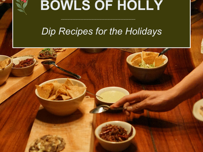 Banner reading "DIP THE HALLS WITH BOWLS OF HOLLY" over wooden table with bowls of dips, chips, and a hand