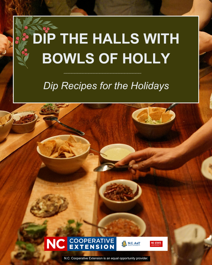 An overhead view of a wooden table filled with various bowls of dips, salsas, and tortilla chips. A dark green text box at the top features a holly illustration and the words "DIP THE HALLS WITH BOWLS OF HOLLY: Dip Recipes for the Holidays." The N.C. Cooperative Extension logo is at the bottom.