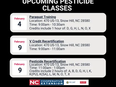 Upcoming pesticide classes: Feb 4 Paraquat Training; Feb 9 V Credit and Pesticide Recertification