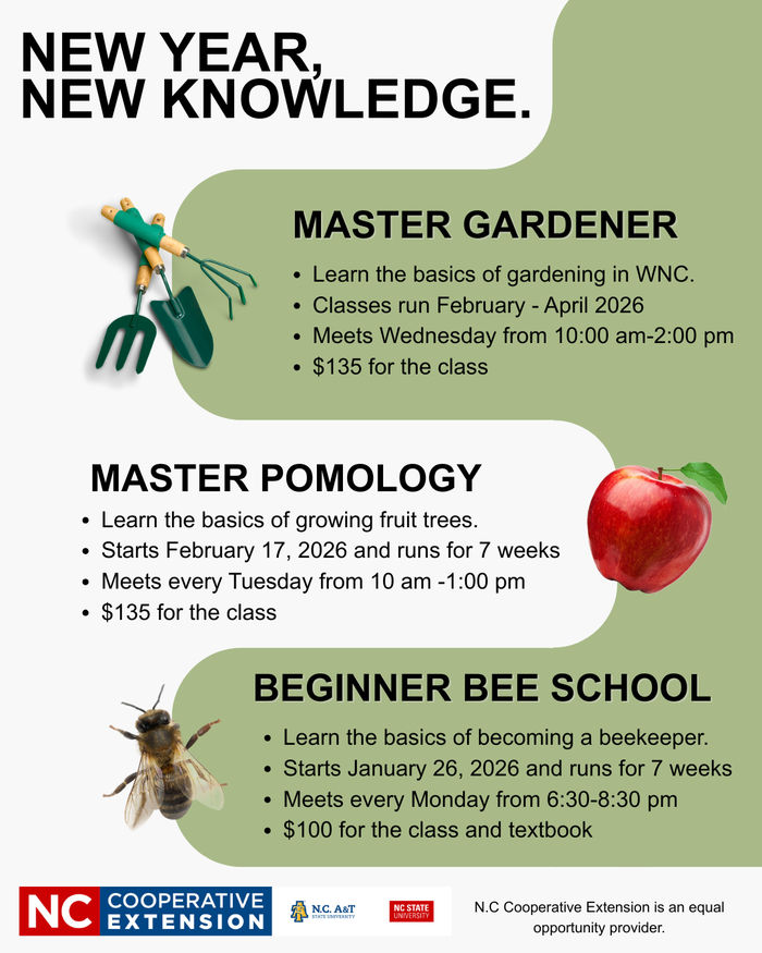 An informational flyer for N.C. Cooperative Extension titled "NEW YEAR, NEW KNOWLEDGE" featuring three upcoming courses for early 2026: Master Gardener, Master Pomology, and Beginner Bee School.