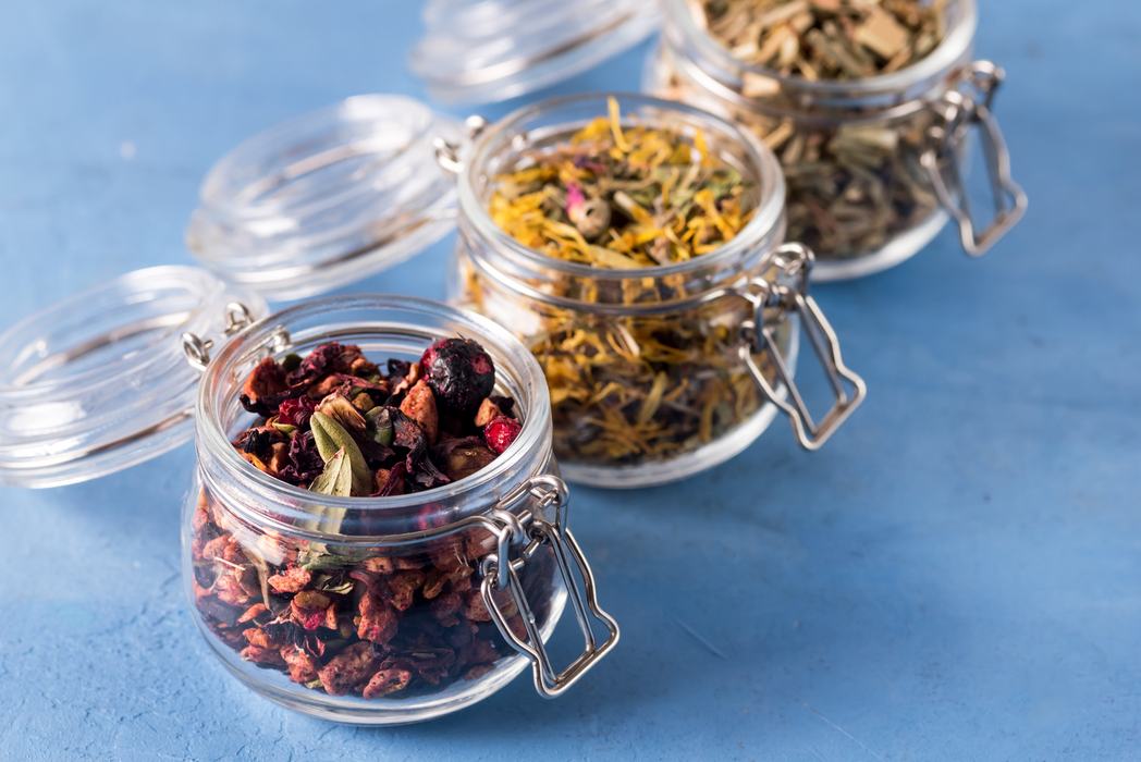 Three Jars of Different Dried Leaf Teas 