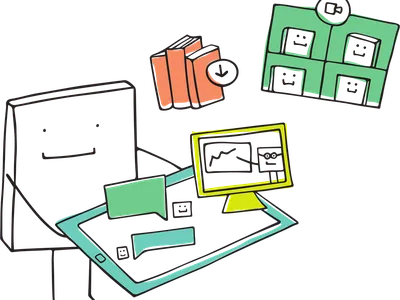 A stick figure technology system offers a variety of content across platforms and devices. An image from Pixabay by manfredsteger.