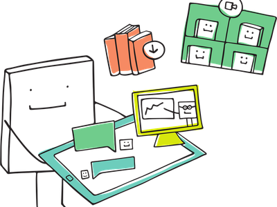 A stick figure technology system offers a variety of content across platforms and devices. An image from Pixabay by manfredsteger.