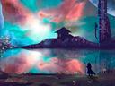 Hooded figure with staff by a reflective lake facing an island house under colorful nebula sky
