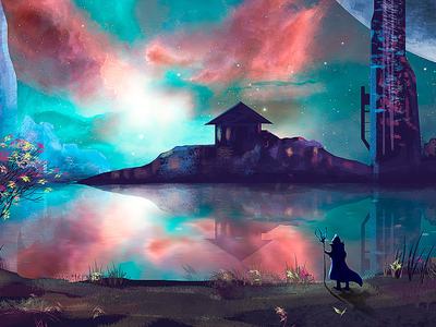 Hooded figure with staff by a reflective lake facing an island house under colorful nebula sky