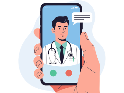 A smartphone held before the viewer shows the image of a young man in a white coat with a stethoscope participating in a video conference. A telemedicine image from Pixabay by InPixell_Studio.
