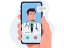 A smartphone held before the viewer shows the image of a young man in a white coat with a stethoscope participating in a video conference. A telemedicine image from Pixabay by InPixell_Studio.