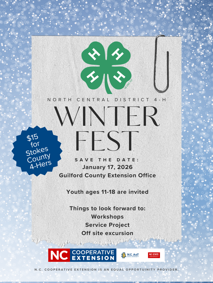 Winter Fest flyer: North Central District 4‑H, Jan 17, 2026, Guilford County Extension