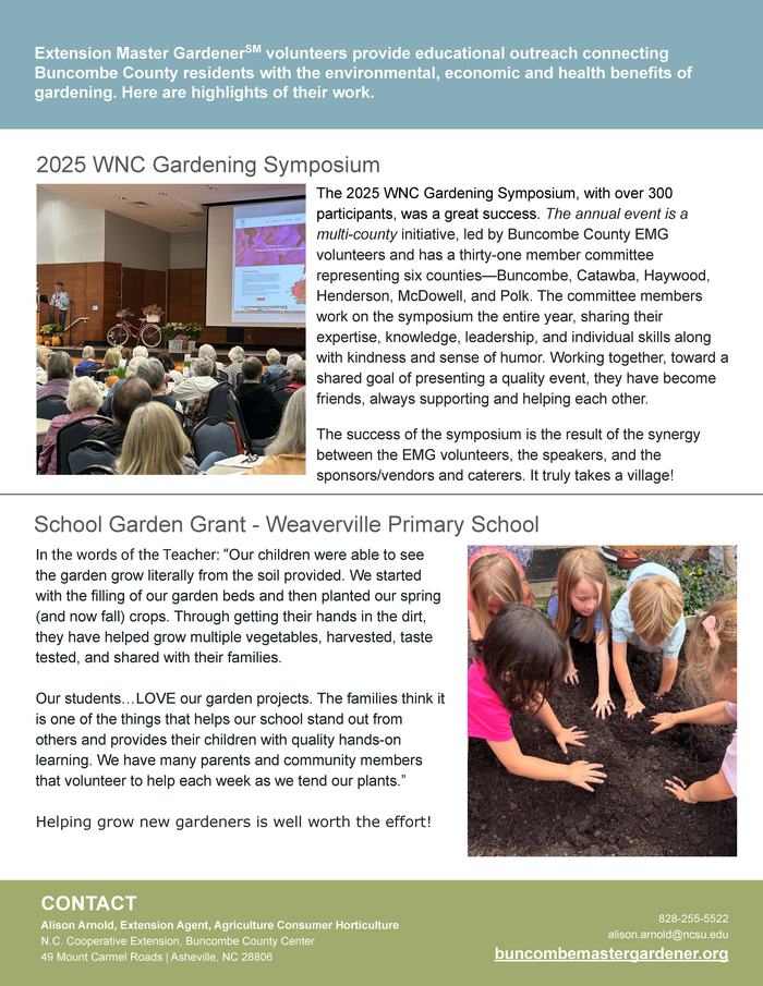 Article and image of people attending gardening symposium and Article and image of school age children gardening