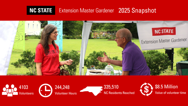 At an NC State Extension Master Gardener booth, a woman in a red shirt and an older man in a purple shirt chat under a tent in a grassy garden; a banner and red infographic show 2025 volunteer stats.