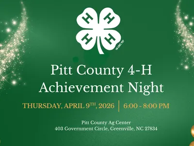 4-H achievement night flyer, green background with gold stars and balloons and the 4-H clover.