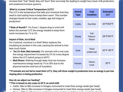 Flyer titled "Fueling the Furnace: Meeting Winter Forage Demands" with livestock LCT table