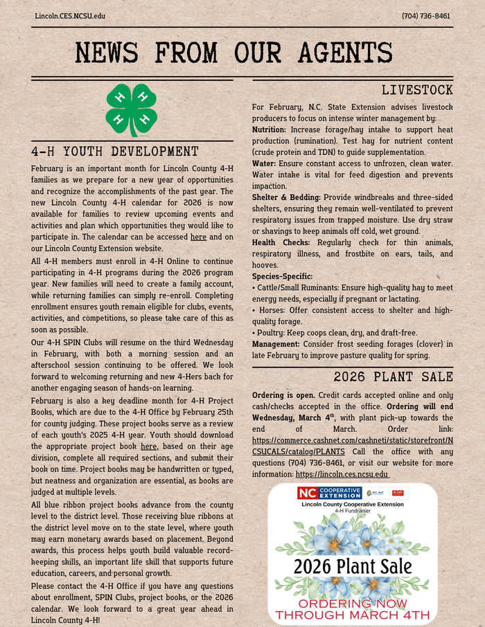 2nd page of February 2026 newsletter with 4-H, Livestock, and Plant Sale updates