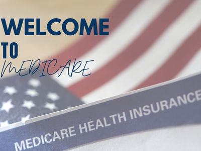 "WELCOME TO MEDICARE" headline above "MEDICARE HEALTH INSURANCE" form and blurred U.S. flag