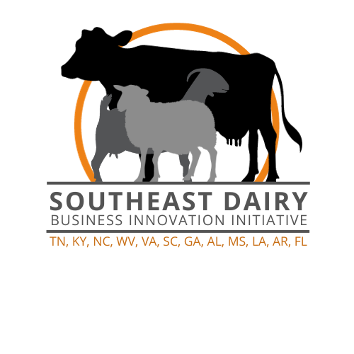 Cow, goat, and sheep silhouettes with orange arc; text "SOUTHEAST DAIRY INNOVATION INITIATIVE"