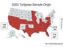 US map showing 2025 turfgrass sample origins; 71% SE, 41% NC, 13% SW; Top5 NC, FL, SC, TX, CA