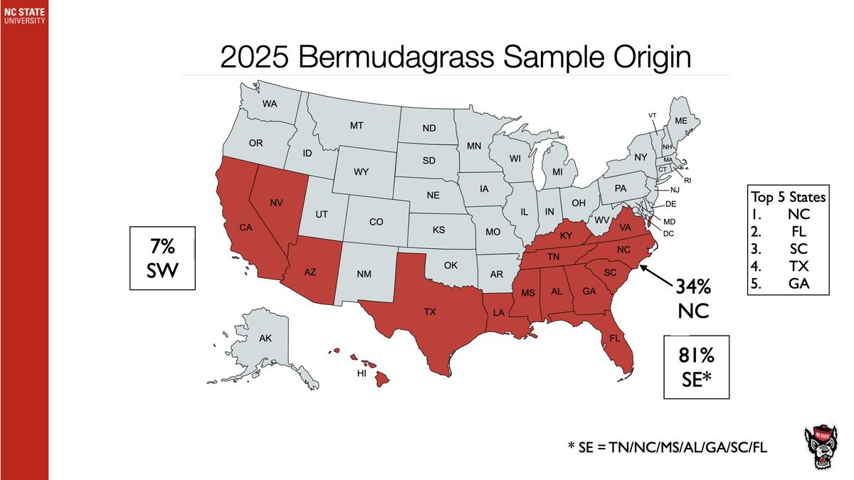2025 Bermudagrass sample origins map — 81% SE, 7% SW, 34% NC; top states NC, FL, SC, TX, GA