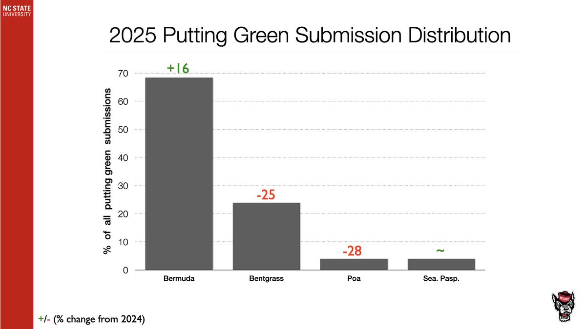 2025 Putting Green Subm. Distribution: Bermuda 68% +16; Bentgrass 24% -25; Poa 4% -28; Sea.Pasp.4% ~