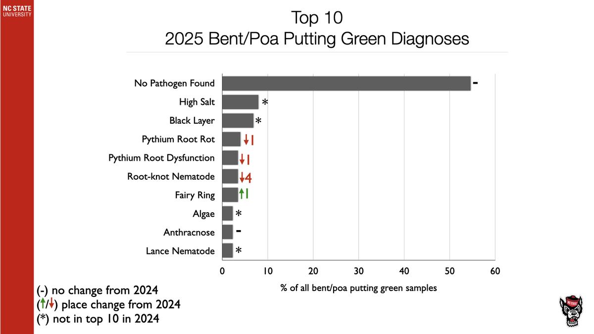 Bar chart: Top 10 2025 Bent/Poa Putting Green Diagnoses; "No Pathogen Found" ~55%
