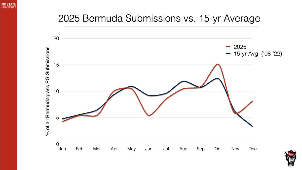 Line chart "2025 Bermuda Submissions vs. 15-yr Average" showing monthly % submissions, red=2025 blue=15-yr