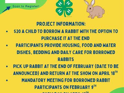 Greene County 4-H Borrowed Rabbit Project flyer; registration ends January 30; scan QR to register.