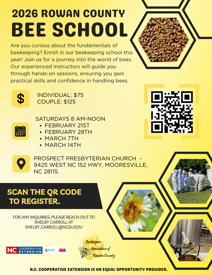 2026 Rowan County Bee School flyer with QR code to register and class dates/pricing