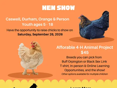 Registration will close on February 28 at 5:00 P.M. The 4-H Feather Classic is a regional 4-H poultry project and show for youth residing in the North Carolina counties of Caswell, Durham, Orange, and Person. Participating youth in grades K-12 will raise 