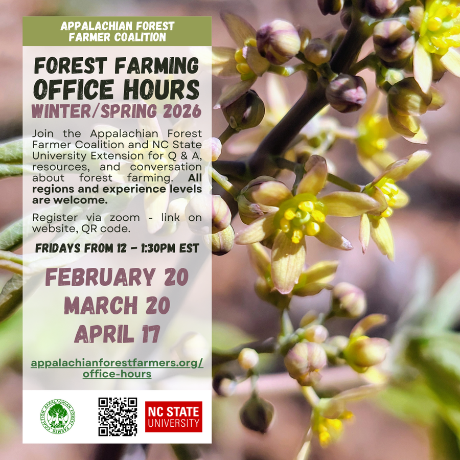 a flier describing the 2026 online forest farming office hours dates and description