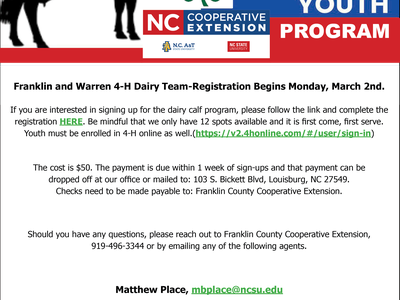 2026 Franklin and Warren 4-H Youth Dairy Program flyer registration information with clip art cow