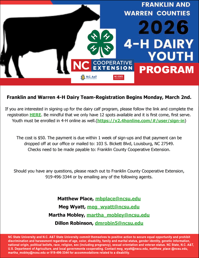 2026 Franklin and Warren 4-H Youth Dairy Program flyer registration information with clip art cow