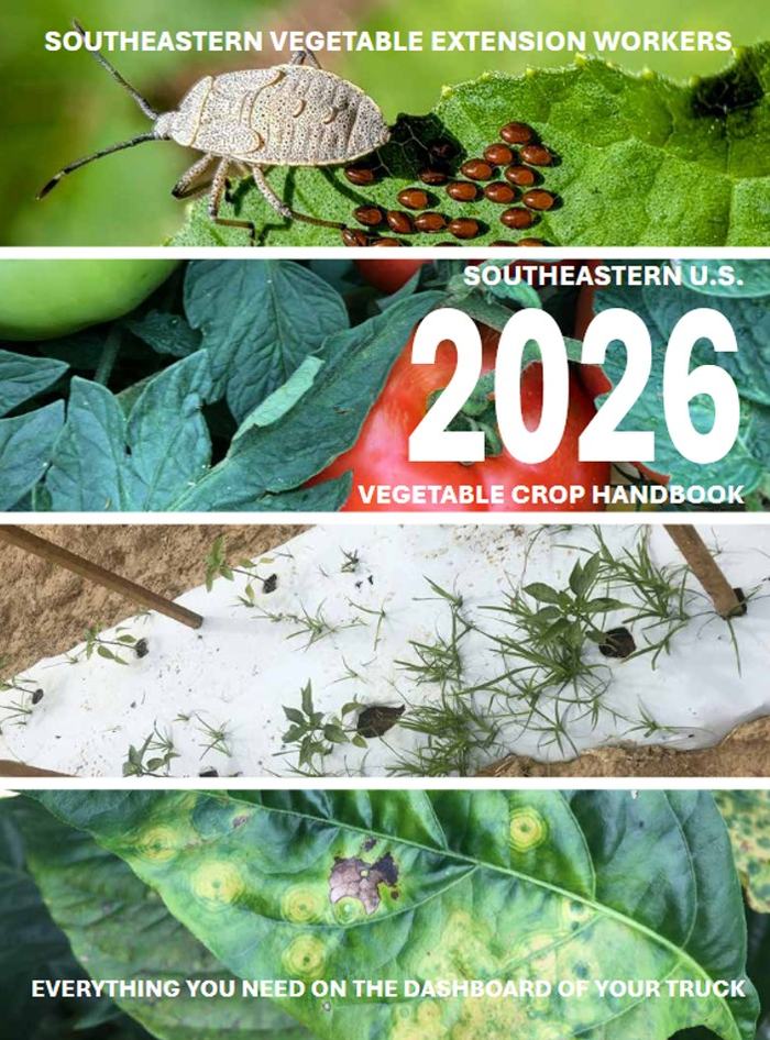 Cover for the 2026 Southeastern Vegetable Crop Handbook with colorful pictures of vegetable insects and pests