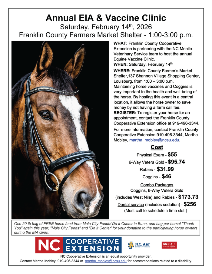 2026 Horse EIA/Coggins Clinic flyer date, time, location, registration info and prices, horse head shot