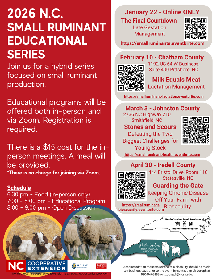 2026 N.C. Small Ruminant Educational Series flyer with session dates and registration links