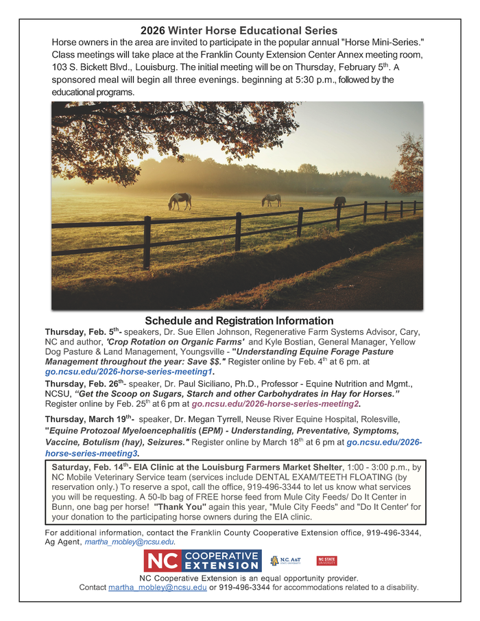 2026 Winter Horse Educational Series flyer, dates, time, topics, location registration info and horses in a pasture.