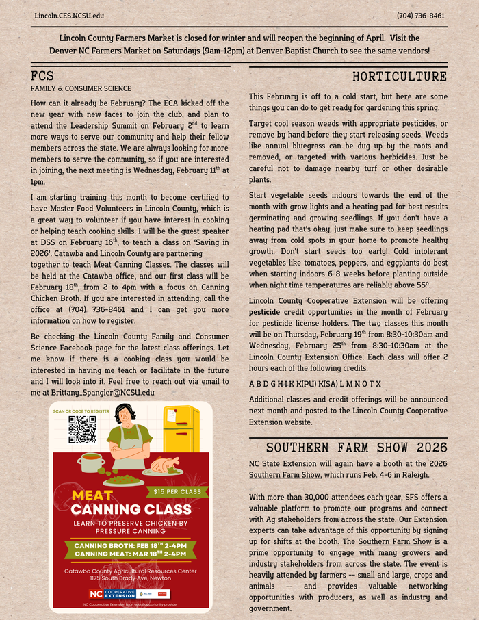 3rd page of February 2026 Newsletter with FCS, Horticulture, and Southern Farm Show updates
