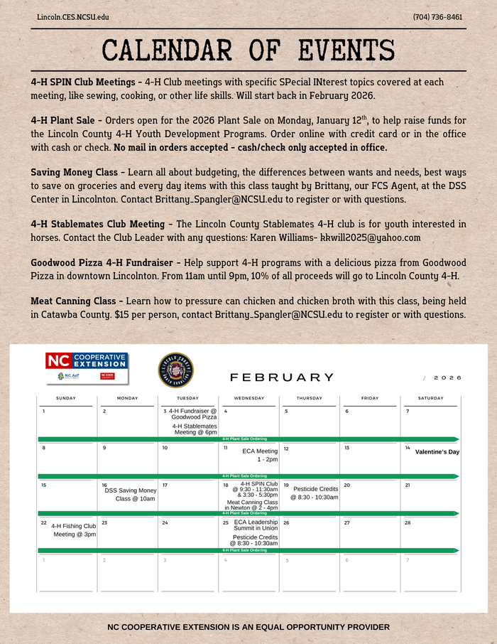 4th and last page of February 2026 Newsletter with calendar of events