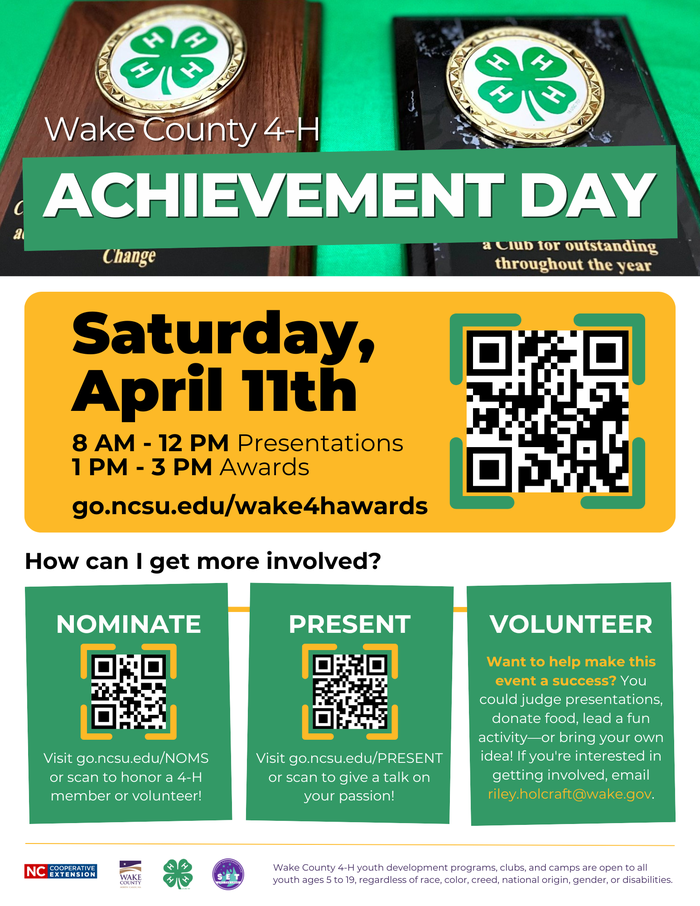Wake County 4-H Achievement Day flyer with date, schedule, and QR codes
