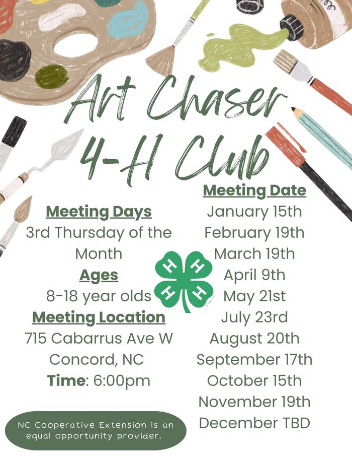Art Chaser 4-H Club — meetings 3rd Thursday, ages 8–18, 715 Cabarrus Ave W, Concord, 6:00pm