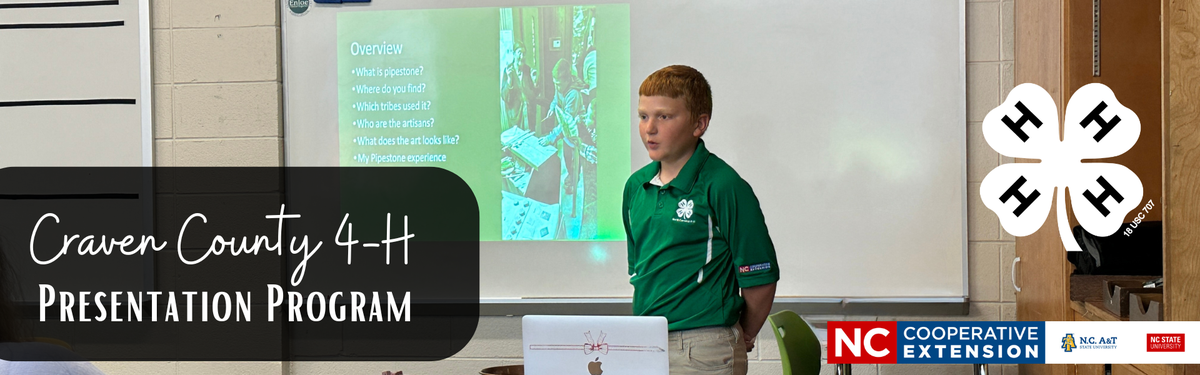 Youth presenting a 4-H Presentation with the text "Craven County 4-H Presentation Program" and the 4-H Logo