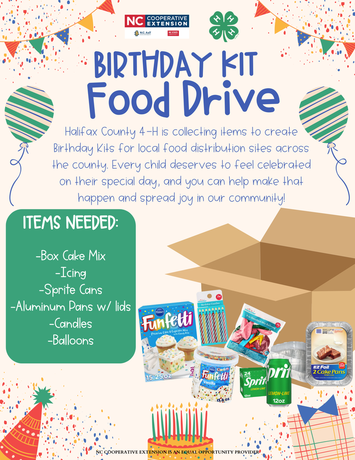 Birthday Kit Food Drive flyer: collecting cake mix, icing, Sprite, pans, candles, balloons