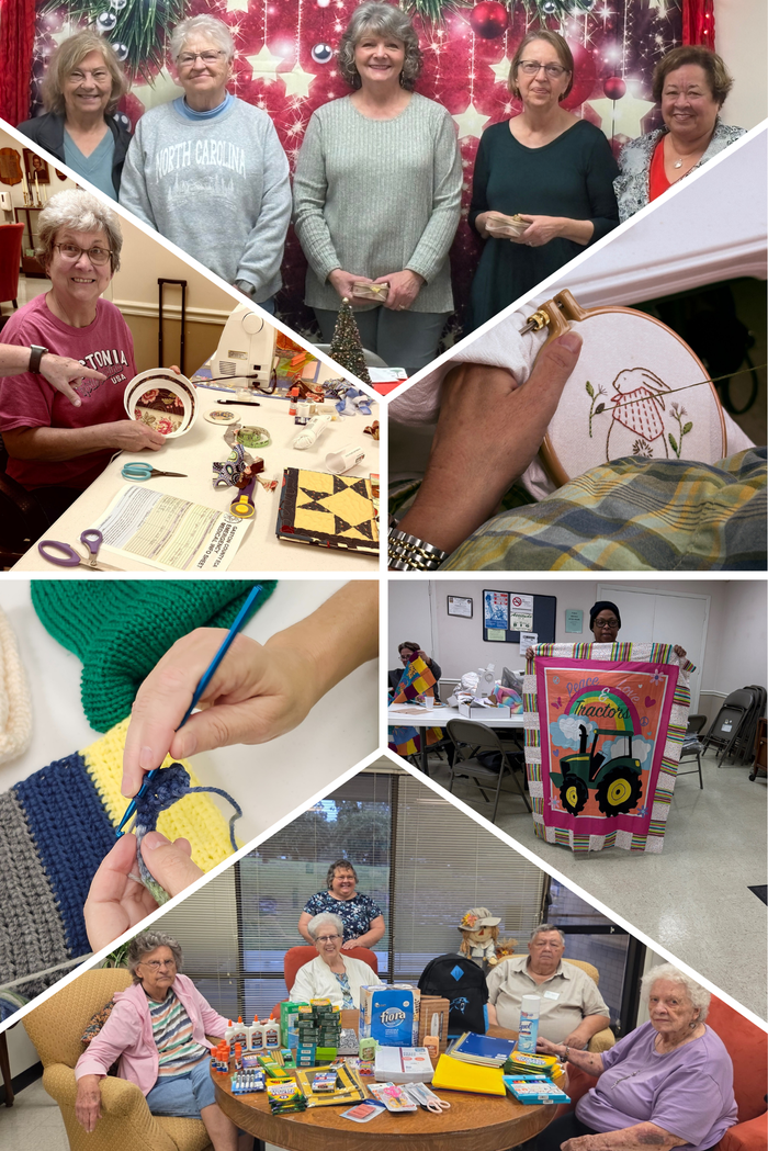 Photo Collage. Top photo pictures the new 2026 ECA Officers. Top Right photo shows a person completing a cross stitch of a rabbit. Top left is a picture of a handmade fabric bowl sewn by a member of the quilters club. Bottom left pictures a creative needler club member crocheting a new yarn project. Bottom right image shows a new quilters club member holding up her first ever quilting project of a tractor. The bottom photo shows the Martha Goebel Club shown with a table full of schools supplies they collected to donate to a local school.